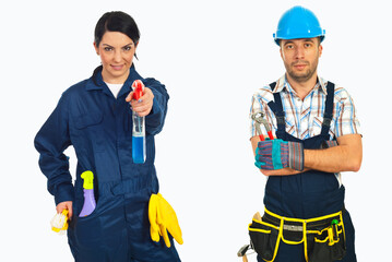Fototapeta premium Cleaners stand ready for work, smiling confidently