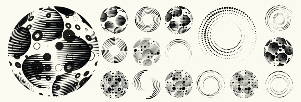 Abstract circular halftones element set, geometric dotted ring and spiral circle shapes for modern design, technology, or motion graphic backgrounds. Dotted round elements, radial spirals, and vortex.