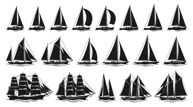 Nautical sailboat silhouettes collection, 19 black yacht icons and sailing ship shapes, maritime vessel set for ocean travel and regatta design isolated PNG with Transparent Background