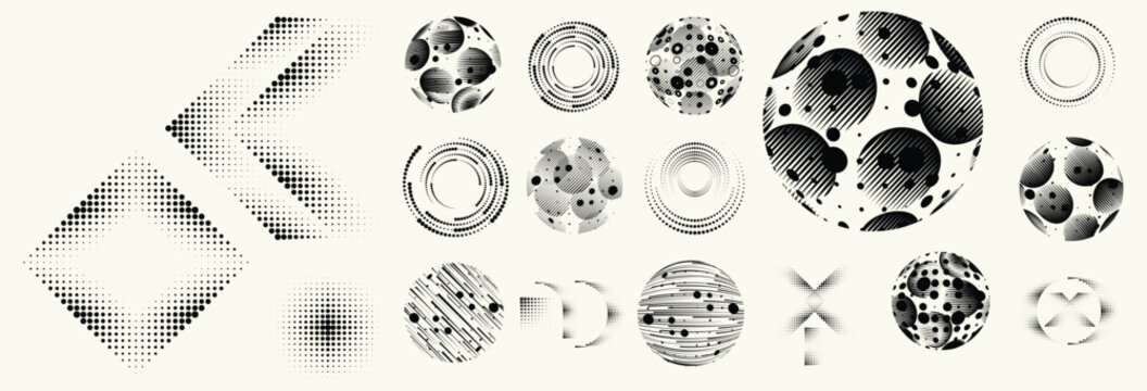 Abstract circular halftones element set, geometric dotted ring and spiral circle shapes for modern design, technology, or motion graphic backgrounds. Dotted round elements, radial spirals, and vortex.