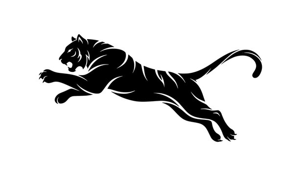 Dynamic jumping tiger silhouette vector icon with powerful motion in black and white isolated on white background