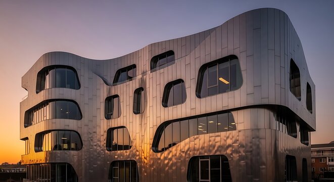 Modern organic architecture building with curved facade and irregular windows at sunset
