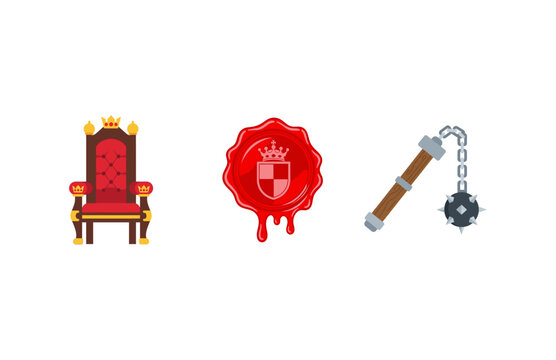Vector graphic set medieval flail weapon and heraldic royal wax seal emblem concept illustration