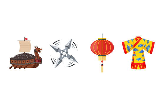 Vector Icons of Chinese Culture Turtle Ship, Shuriken, Lantern, and Kimono