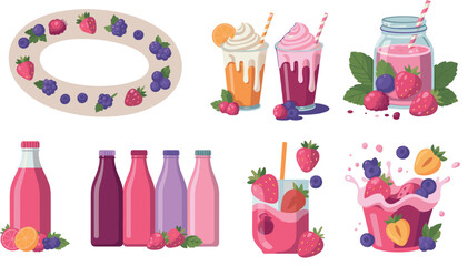 Colorful fruit smoothie and fresh berry vector set featuring strawberry milkshakes, bottled juice variety, berry wreaths, and mixed raspberries in waffle cones for summer refreshment branding. © MdOazad