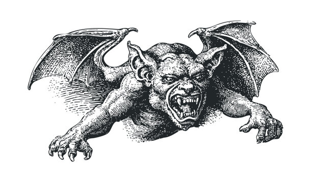Gargoyle mythical creature with menacing expression and outstretched claws, featuring detailed bat wings and sharp fangs in a vintage engraving style.