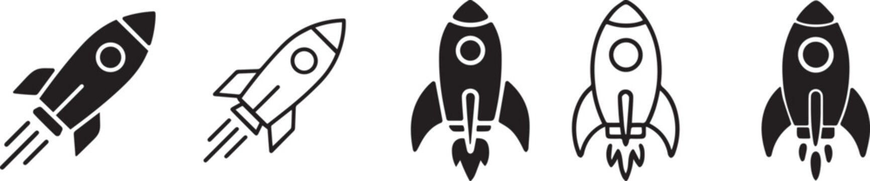 Rocket launch icon set in line and solid styles for startup space technology and innovation concepts