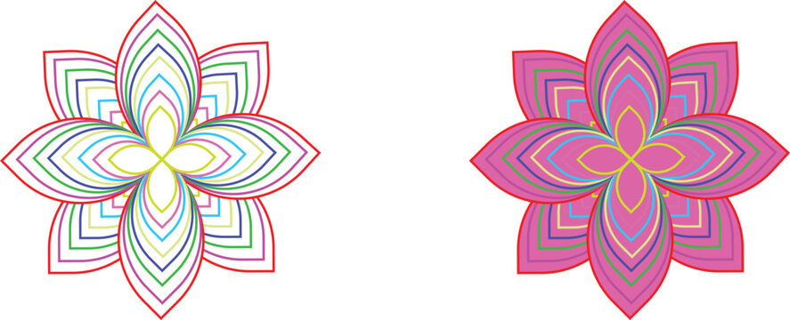 Abstract layered floral mandala with colorful outline petals symmetrical geometric vector design for decorative use
