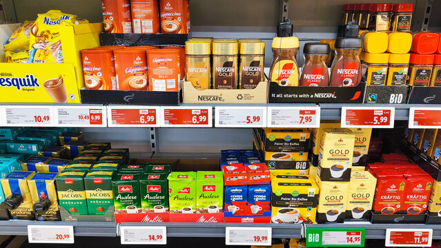 Iserlohn, Germany &mdash; May 06 2026: supermarket shelves at Lidl with various coffee products including Nescafe Gold, Jacobs Kronung, Nesquik and Melitta Auslese.
