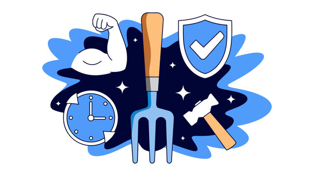 Maintenance and craftsmanship icons with garden fork clock muscular arm quality control shield badge, strength