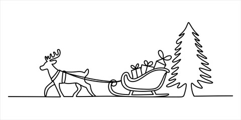 Continuous single line drawing of a christmas reindeer pulling a sleigh filled with gift boxes past a pine tree for holiday season design Vector, illustration © Continues One Line D