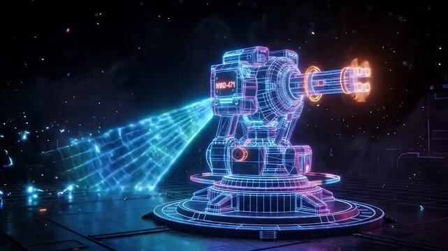 A futuristic neon wireframe defense turret rotates and scans a dark digital background with a glowing blue energy beam.