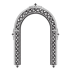 Ornate black arch vector with Celtic knotwork and fleur-de-lis details. Ideal for wedding invitations, vintage frame designs, and decorative borders © Zulfa