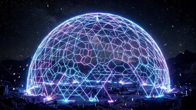 A vibrant blue and purple neon wireframe force field dome is forming on a dark, rocky alien landscape.