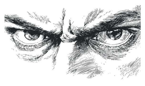 Intense eyes with furrowed brows convey a powerful and serious expression, depicted with strong, expressive lines in a dramatic comic book style.