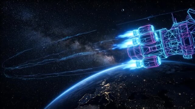 A vibrant neon wireframe drone, outlined in glowing blue and purple, propels through the dark expanse of outer space, orbiting a brightly illuminated Earth at night.