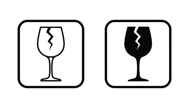 Fragile glassware warning icon with broken wine glass silhouette for shipping and cargo logistics labels