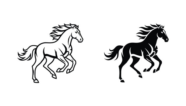 Powerful running horse in outline and solid silhouette style galloping across white background