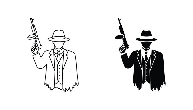 1920s gangster figure in suit and fedora holding submachine gun line art and silhouette on white