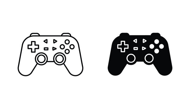 Modern outline and solid black silhouette icon of a video game controller with buttons and joysticks representing gaming and entertainment isolated on white background