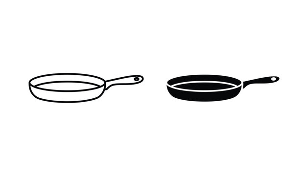 Simple outline and solid black silhouette icon of a cooking frying pan with a handle representing kitchenware and culinary activities isolated on white background
