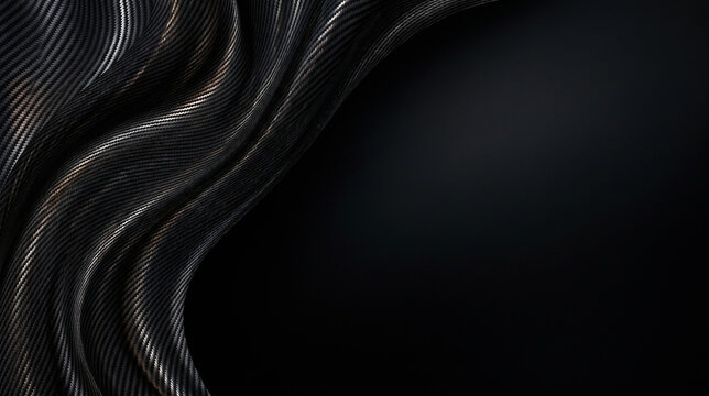 High-precision carbon fiber woven fabric flowing with metallic reflections on the far left of a matte black studio background with large empty copy space void