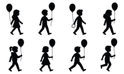 Fototapeta premium Children silhouettes walking with balloons, symbolizing childhood, joy, and celebration.