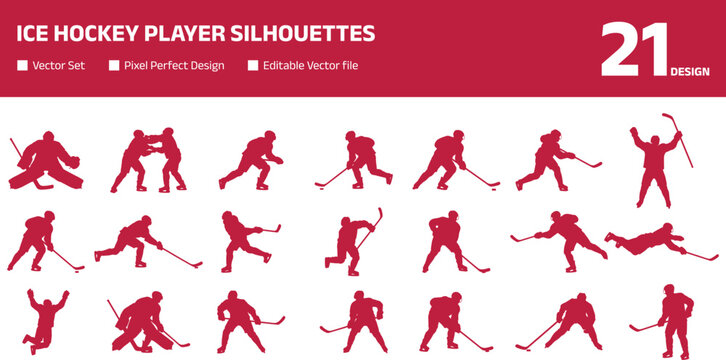 collection of ice hockey player silhouettes featuring professional athletes performing shots saves skating maneuvers fighting and celebration poses for commercial digital stock marketplaces