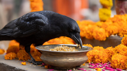 Naklejka premium A sleek black bird with dark feathers gracefully eats from a bronze bowl filled with grain, surrounded by vibrant golden flower garlands and scattered petals