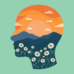 Naklejka premium Creative Human Head Landscape Illustration with Mountain Sunset and Floral Nature Elements for Wellness and Mindfulness Design