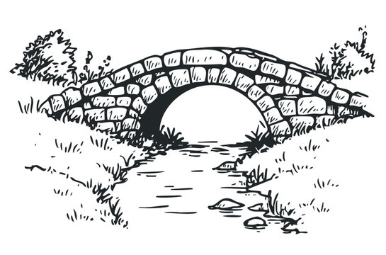 Stone bridge arching over a small stream, surrounded by lush vegetation and flowing water, depicted in a classic hand-drawn sketch style.