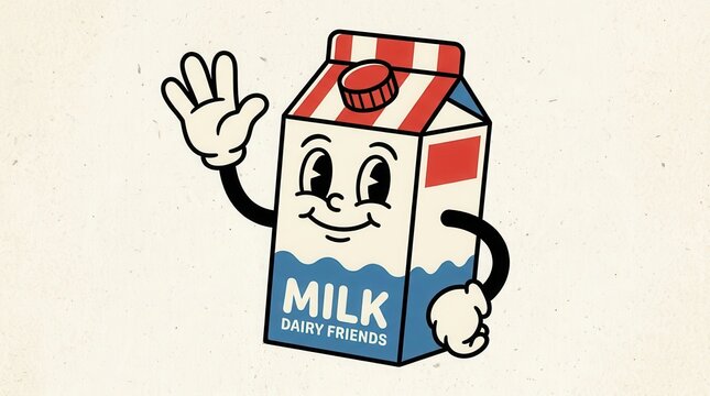 Friendly retro milk carton character with rubber hose arms waving.