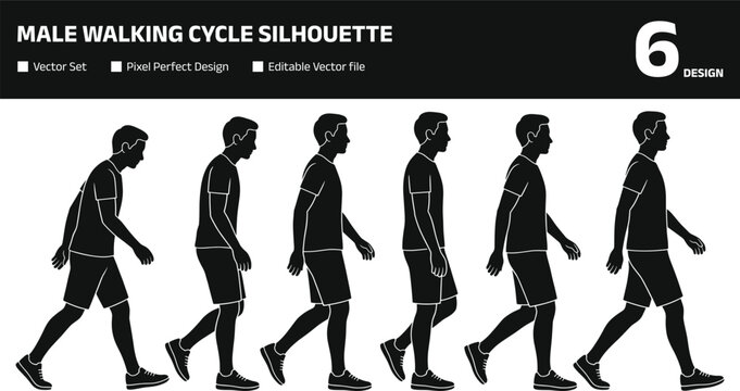 Male silhouette walking cycle animation sequence demonstrating posture correction from slouched back to upright healthy physical alignment for medical design projects