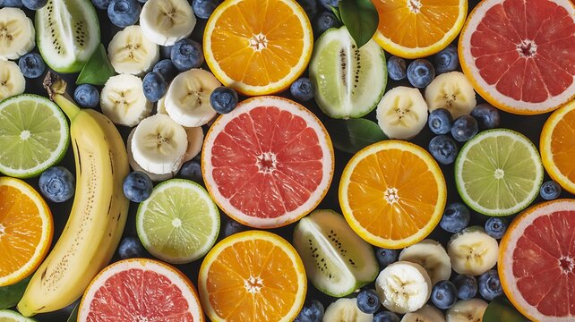 Assortment of fresh tropical fruits arranged in a circular pattern on a golden tray mango pineapple papaya