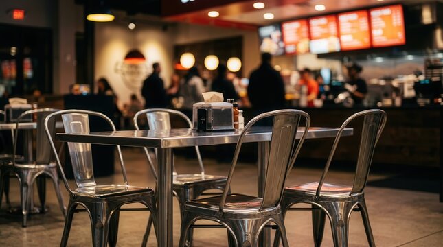 Empty chairs and table inside a fast food restaurant with low light ambience.