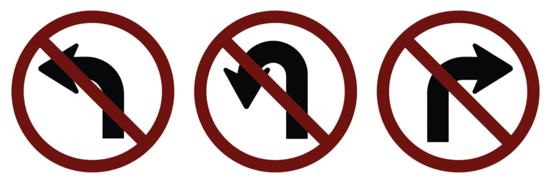 No left right and U turn sign symbol, prohibitory traffic traffic sign set, red crossed out circle with arrow icons, clean vector illustration for road safety, driving regulations, and traffic control
