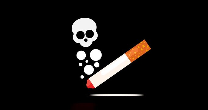 Cigarette smokes with skull symbol. Dark background shows smoking danger. Used for anti-smoking campaigns or health warnings