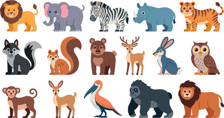 Cute cartoon wild animal character set featuring lion elephant zebra tiger bear squirrel deer owl monkey gorilla and wildlife forest creatures in flat vector style © MdOazad