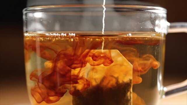 Close-up shot of a tea bag steeping in hot water, releasing its rich flavor and color into the transparent mug