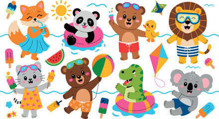 Cute collection of summer animal characters featuring panda bear lion fox and dinosaur enjoying beach activities with ice cream and swim rings isolated on white background. © MdOazad