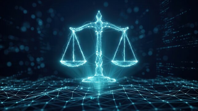 Scale of justice hologram hovering above a glowing digital net for legal compliance and code governance.