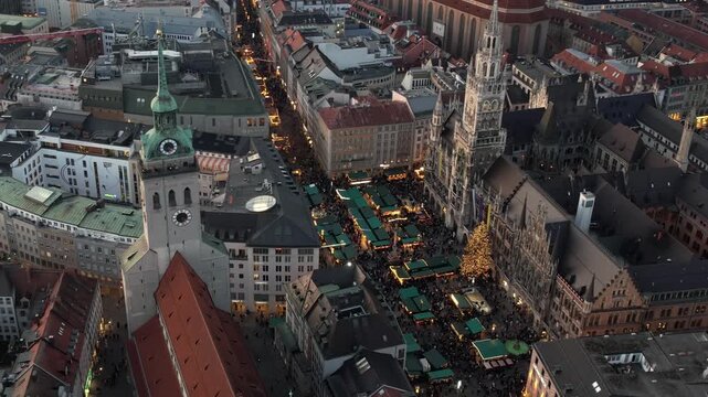 An aerial panorama view around the old town in the capitol city Munich during the Christmas time ona cloudy afternoon.