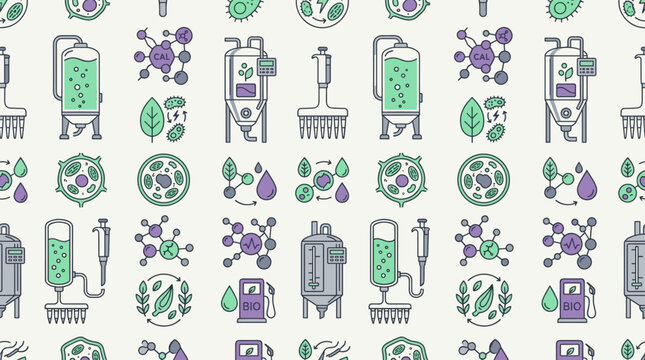 Bioenergy research icons and molecular fuel symbols arranged in a sophisticated seamless repeating pattern for scientific