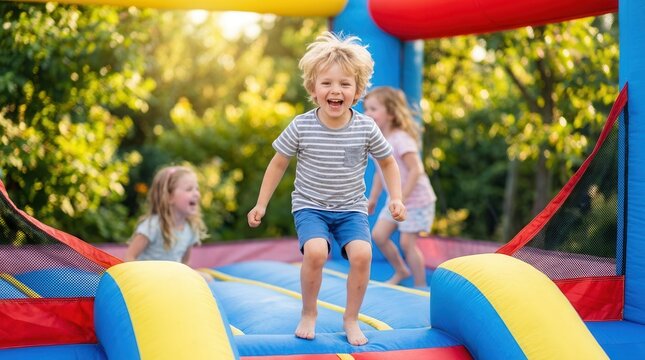 Happy children laughing and jumping inside a colorful inflatable bounce house.