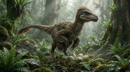 Fototapeta premium Feathered dinosaur guarding a clutch of eggs in a mossy prehistoric nest.