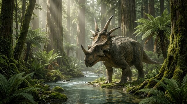 A Styracosaurus dinosaur standing by a clear stream in a lush prehistoric forest.
