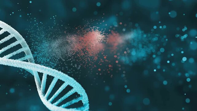 Abstract D N A helix dissolving into particles and bokeh lights science and technology concept