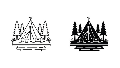 Tipi tent in forest landscape with cooler and bucket in outline and solid black vector illustration © Zenith