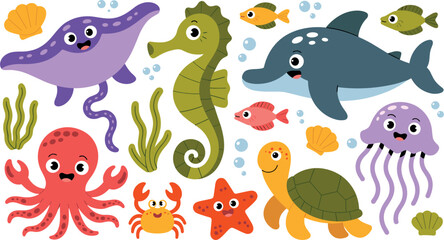 Cute collection of underwater sea animal characters including dolphin octopus seahorse turtle and jellyfish isolated on white background for kids education and nursery wall decor. © MdOazad