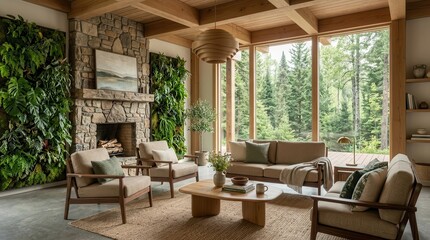 Obraz premium Spacious living room with wooden furniture, cozy fireplace, and lush forest view through large windows.